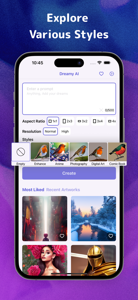 Interface of Dreamy AI Art Generator app showing prompt entry and various art style options.
