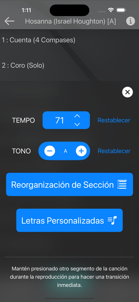 AdoraMúsica - Interface of AdoraMúsica app showing controls for tempo, key, and song sections