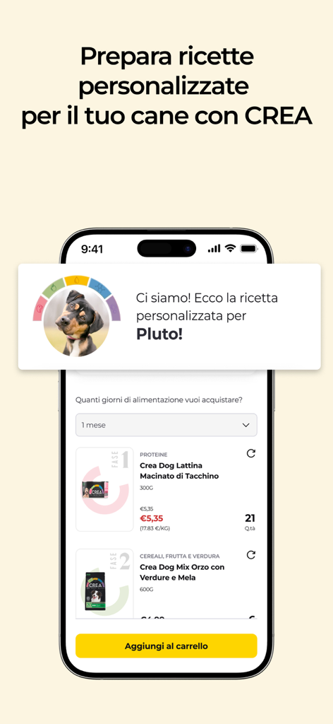 Arcaplanet – Pet store online - Schermata dell'app Arcaplanet che mostra suggerimenti personalizzati di ricette per cibo per cani e opzioni di acquisto per la nutrizione degli animali