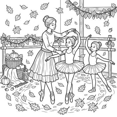 Celebrate the elegance of dance and the beauty of autumn with this charming coloring page. Watch as a ballet instructor guides her students through graceful movements amidst a cozy fall setting.