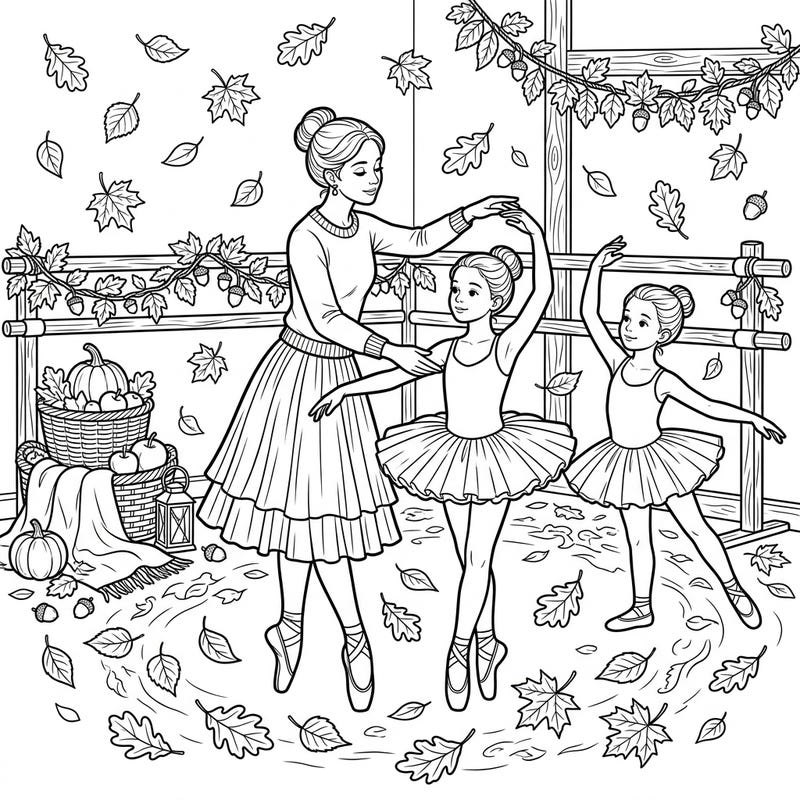 Celebrate the elegance of dance and the beauty of autumn with this charming coloring page. Watch as a ballet instructor guides her students through graceful movements amidst a cozy fall setting.