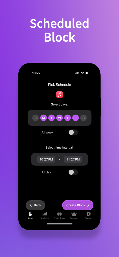StepBloc: Screen Time Blocker - StepBloc app interface showing how to schedule app blocks by selecting specific days and time intervals