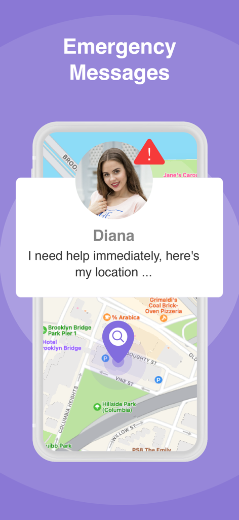 Emergency help message and GPS location alert on the Friend Tracker app.