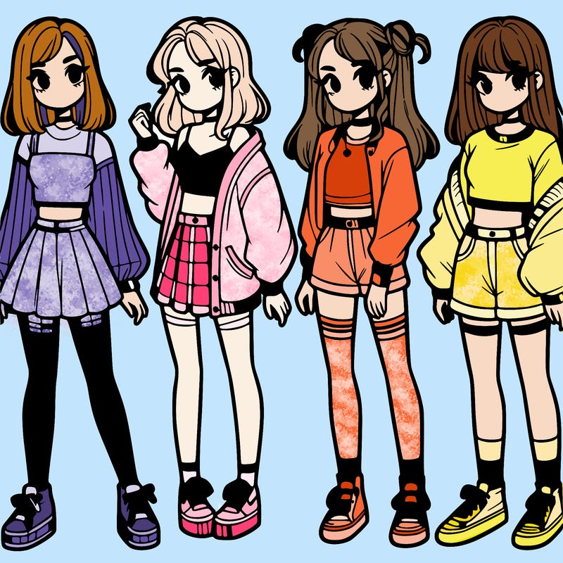 one girl with crop-top shirt and a jacket with a skirt, long socks and another girl with a shirt and pants with a jacket