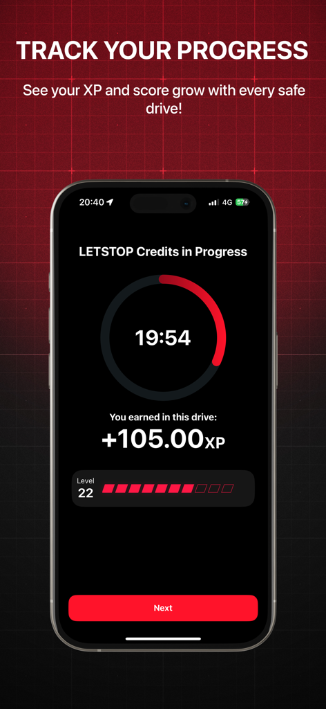 LETSTOP app interface displaying safe driving rewards and XP progress