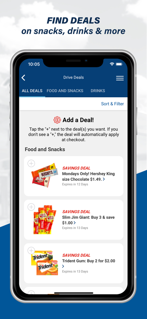 Murphy Drive Rewards - A mobile phone displaying the Drive Deals screen in the Murphy Drive Rewards app with various snack and food offers