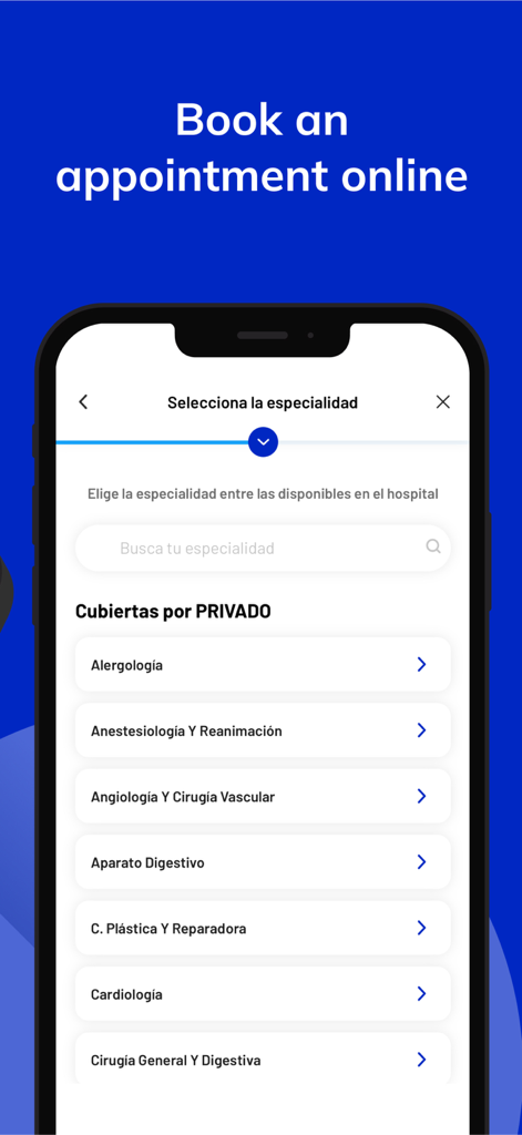 Tela do aplicativo Vithas exibindo seleção de especialidade médica para agendamento de consulta online