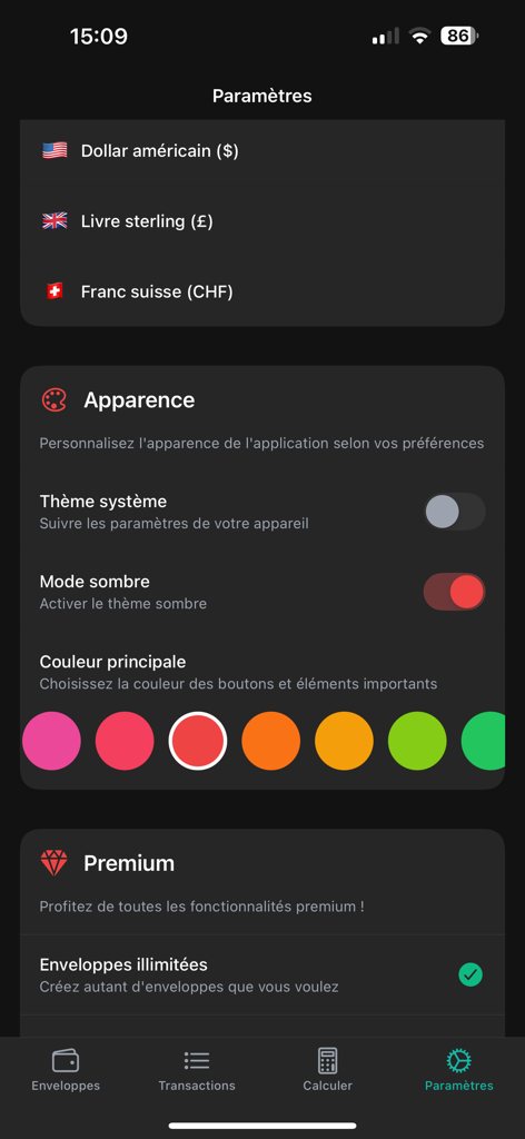Cash Stuffing - Settings screen of the Cash Stuffing app showing appearance customization and currency selection options.