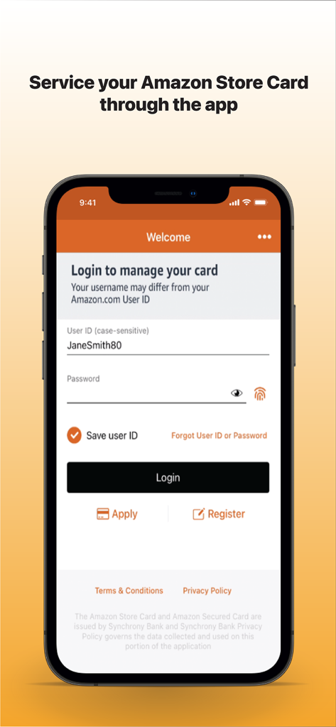 Pantalla de inicio de sesión para la aplicación móvil Tarjeta de Tienda Amazon que muestra campos para nombre de usuario y contraseña.
