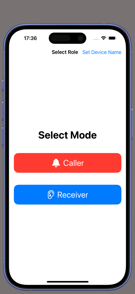 CallBell - Pager for Home Shop - The setup screen of the CallBell app where users choose between Caller and Receiver modes