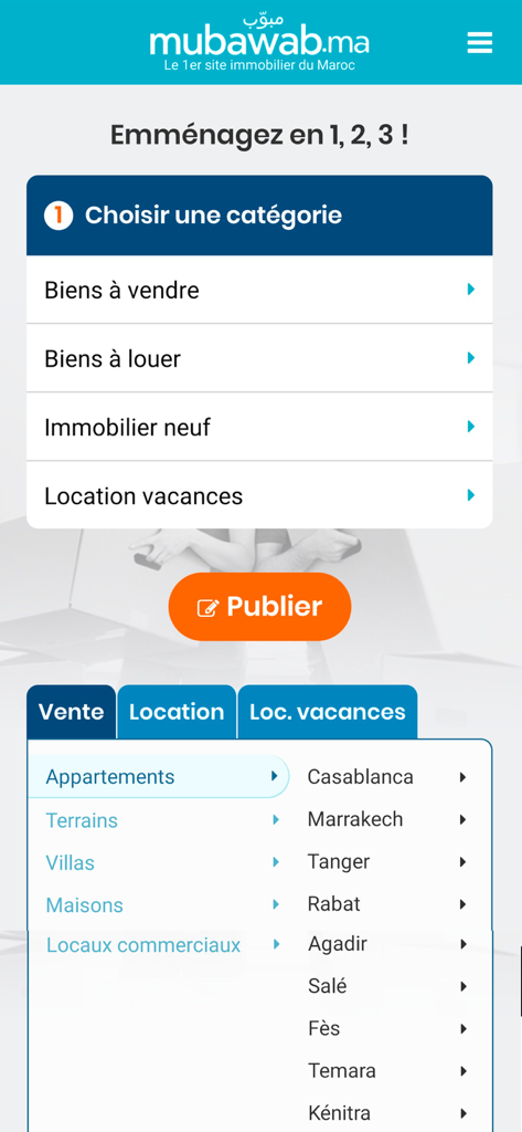 Mubawab mobile app interface showing real estate categories and city filters for Moroccan property listings.