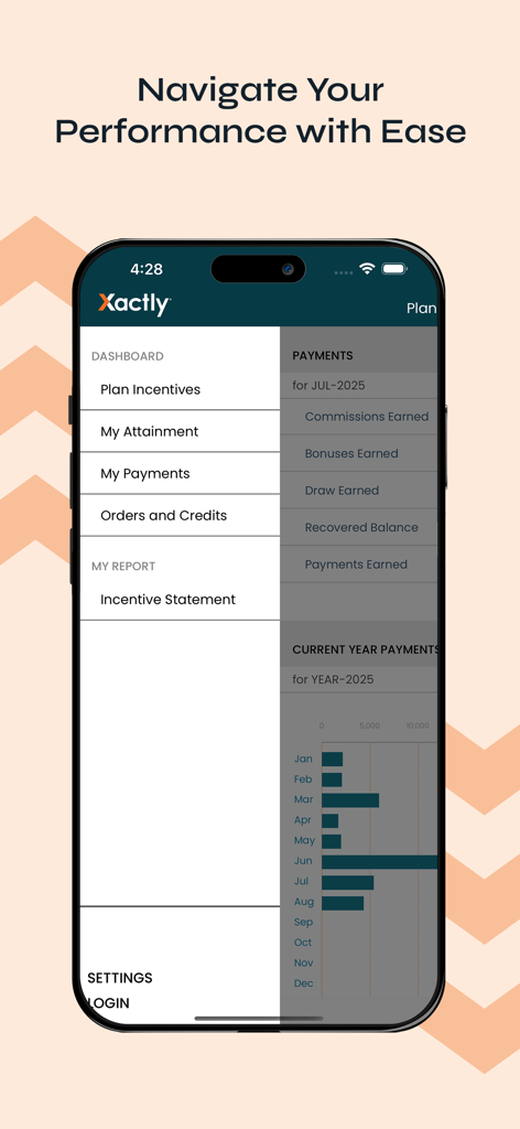 Xactly Incent - Xactly Incent mobile app interface showing a sales performance dashboard with payment tracking and navigation menu.