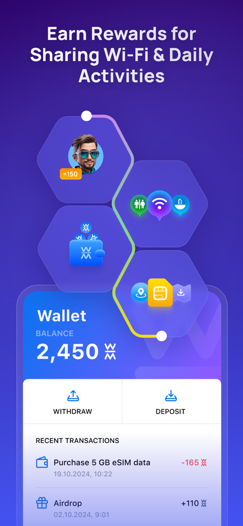 Pantalla de la aplicación WiFi Map que muestra el sistema de recompensas y el saldo de la billetera digital