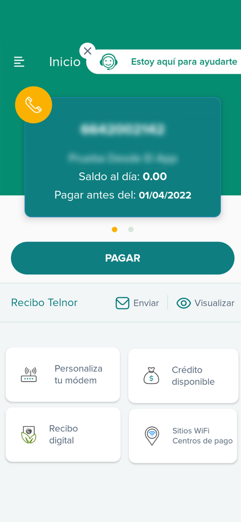 L'écran d'accueil de l'application Telnor affichant le solde du compte et les options de paiement