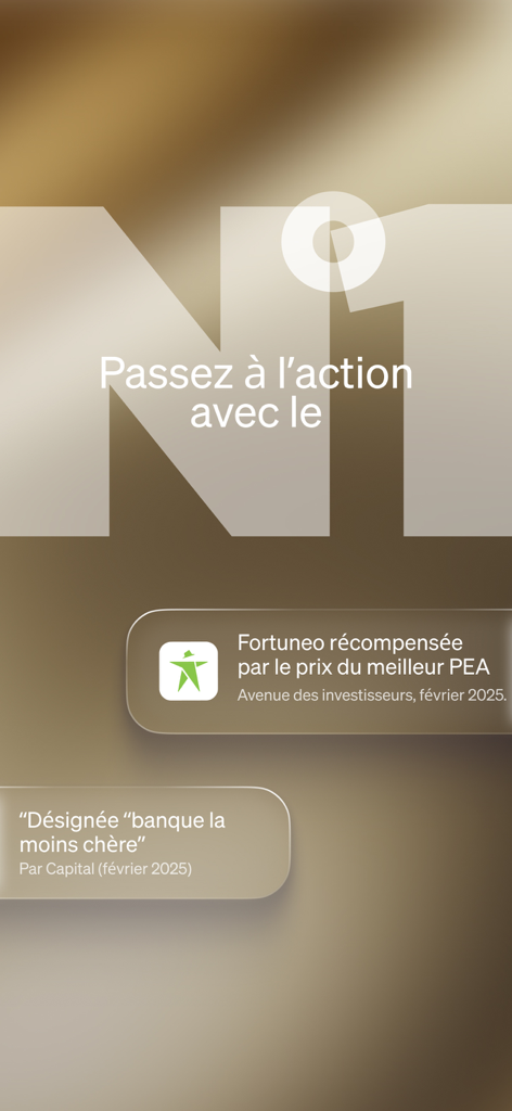 Pantalla de la aplicación Fortuneo destacando premios al mejor PEA y al banco más barato