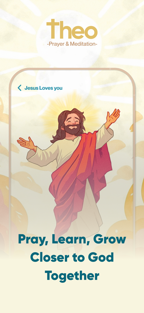 Theo: Prayer & Meditation - Ilustración de Jesús en la pantalla de la aplicación de oración y meditación Theo para familias cristianas