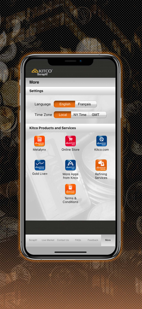 The settings and services menu of the Kitco ScrapIt app showing language options and additional precious metal services.
