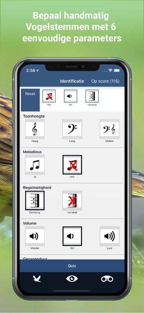 Interfaccia per l'identificazione manuale del canto degli uccelli che mostra parametri come tono e volume nell'app Vogelzang Id Nederland.