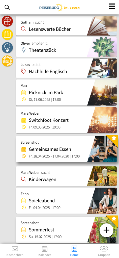 Reisebüro ins Leben - Pantalla de inicio de la aplicación Reisebuero ins Leben que muestra un feed de eventos comunitarios y solicitudes de miembros