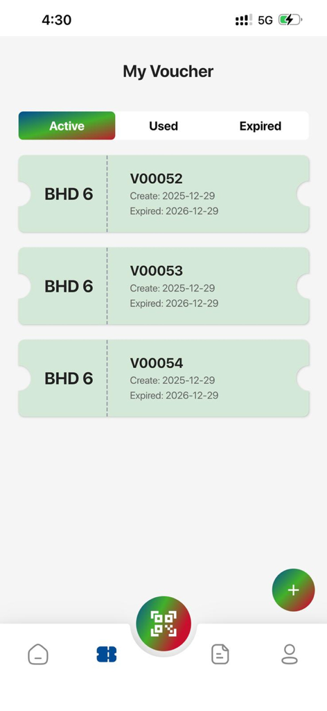 La pantalla Mis Vales de la aplicación Alhelli Rewards Pro mostrando cupones activos por valor de 6 BHD cada uno