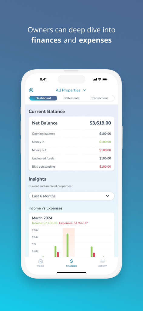 PropertyMe - PropertyMe app screenshot showing a financial dashboard for property owners with income and expenses charts