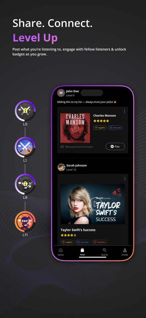 Interfaz de feed social de la aplicación Skoob que muestra podcasts compartidos y distintivos de nivel de usuario para participación gamificada.