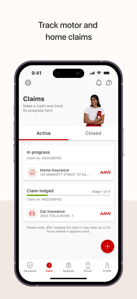 AAMI App - Interface of the AAMI App showing the status and progress of home and motor insurance claims.