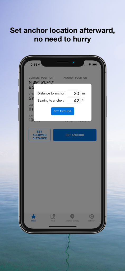 Anchor Pro - Interface de l'application Anchor Pro montrant la saisie manuelle de la localisation de l'ancre avec les paramètres de distance et de relèvement.