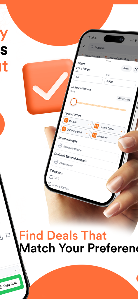 DealSeek: Coupons & Discounts - A hand holding a smartphone showing the DealSeek app search filters for personalized deals.