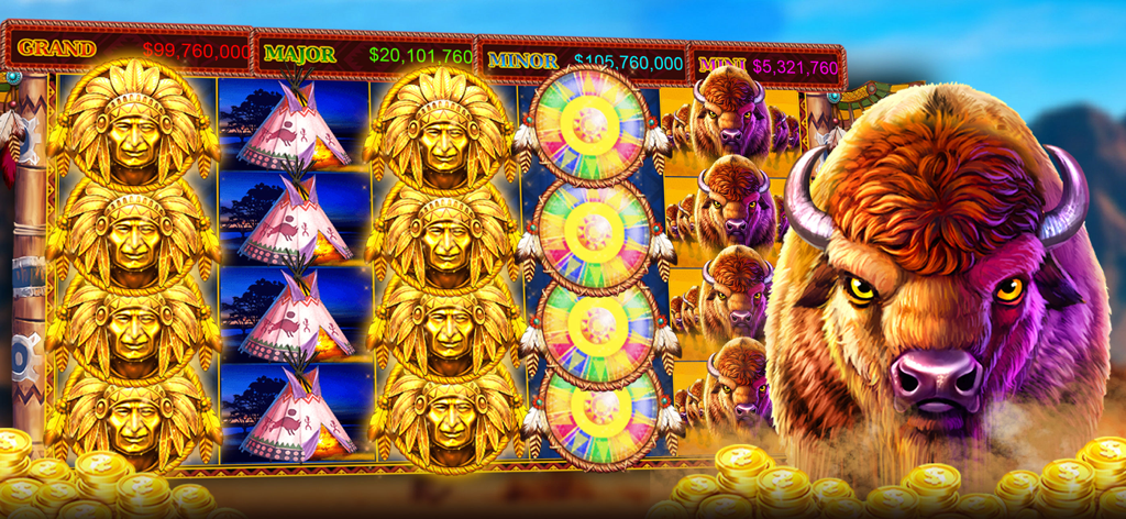 Buffalo and Native American themed slot machine interface with large jackpot counters and piles of gold coins