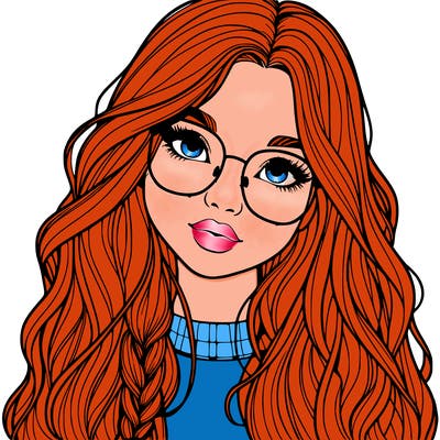 girl with long hair and freckles and glasses realistic