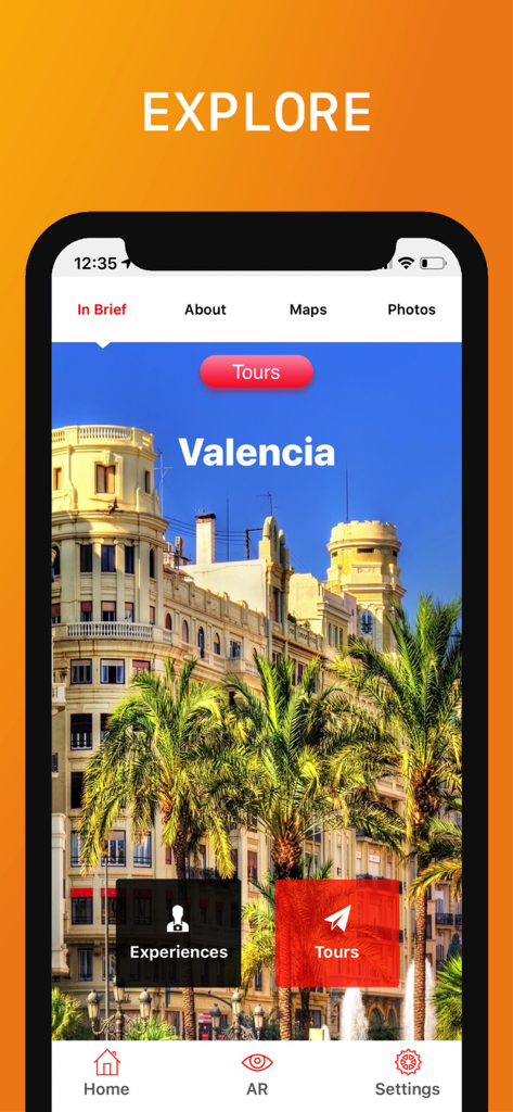 Valencia Travel Guide . - 투어 및 도시 하이라이트를 보여주는 발렌시아 여행 가이드 앱 인터페이스