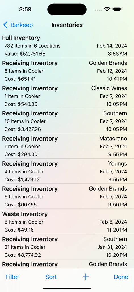 BarkeepApp screen displaying a list of full, receiving, and waste inventories with associated costs and dates.