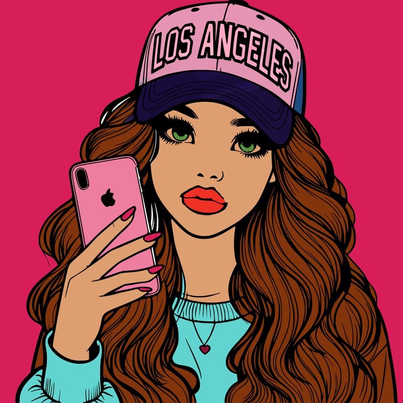 realistic beautiful girl wearing los ángeles cap holding an iphone