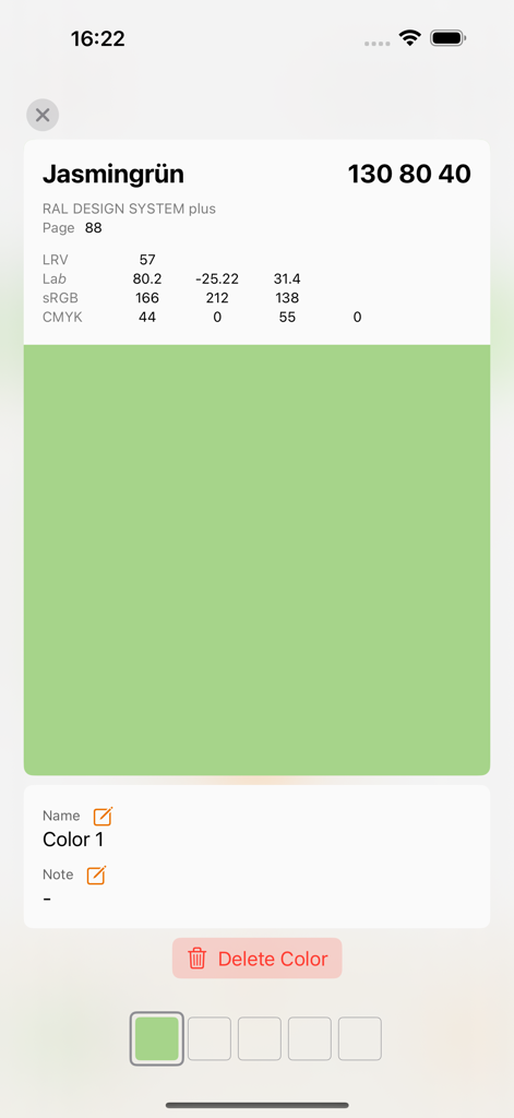 RAL iColours - Technical color data for Jasmine Green in RAL iColours including Lab and CMYK values