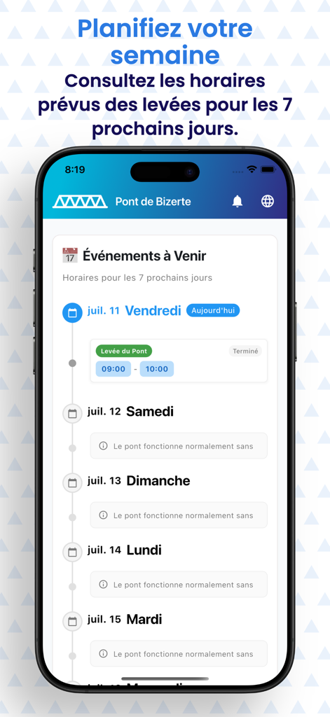 Pont-Bizerte.tn - Pantalla de planificación semanal de la aplicación Pont-Bizerte que muestra los próximos horarios de apertura del puente