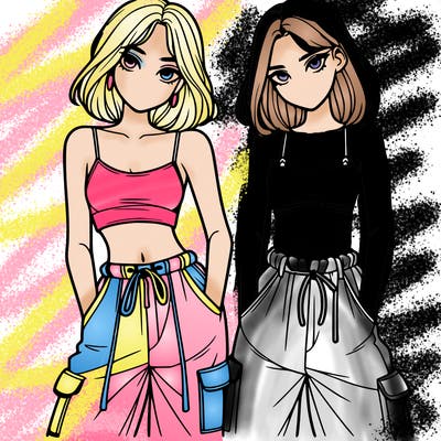 two girls with crop top with baggy pants