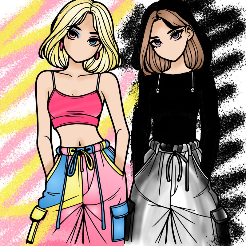 two girls with crop top with baggy pants