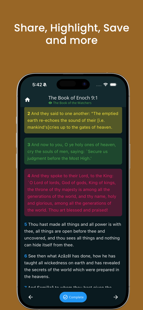A smartphone displaying the Book of Enoch app with several verses highlighted in different colors using the dark mode interface.