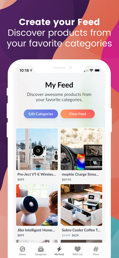 Interface of the Gadget Flow app showing the My Feed screen with curated gadgets like a wireless turntable and a smart home robot.