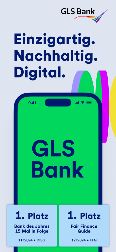 GLS Banking - Smartphone display of the GLS Banking app with text highlighting its values as unique sustainable and digital along with award rankings