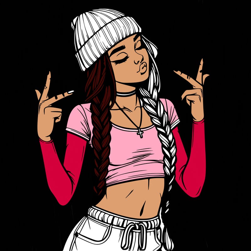 realistic teenage girl with braids and a beanie and crop top doing 🫶🏼