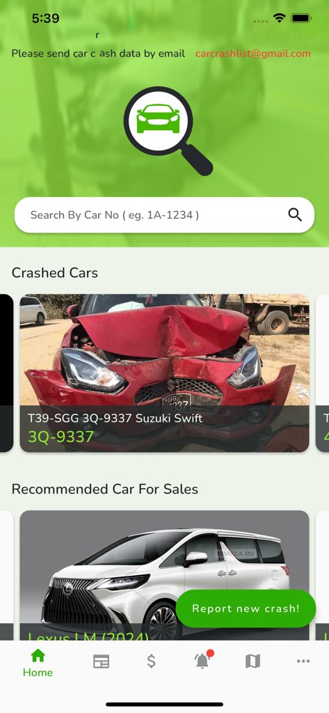Interface de l'application mobile Car History Checker montrant une barre de recherche VIN, des rapports de voitures accidentées et des ventes de véhicules recommandées.