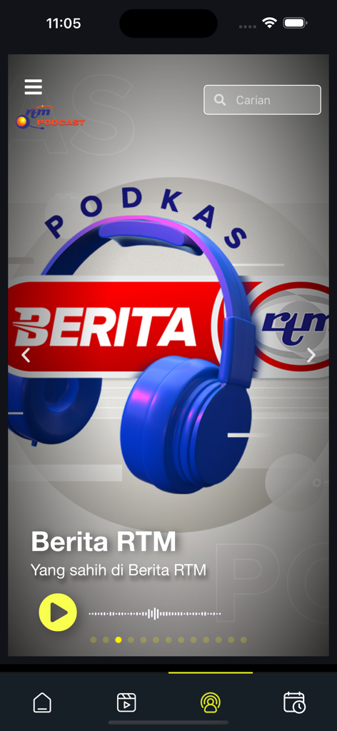 RTMKlik app podcast screen featuring Berita RTM news with blue headphones