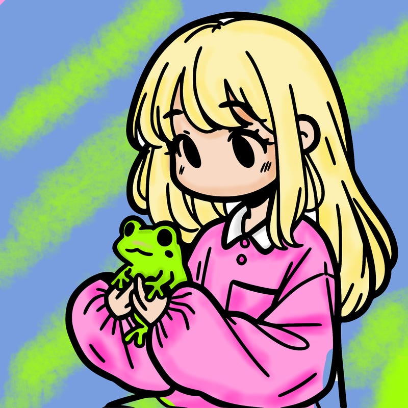 girl with long hair and a oversized shirt. and she is holding a frog