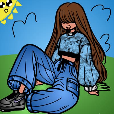 a girl with baggy pants and a crop top with long hair