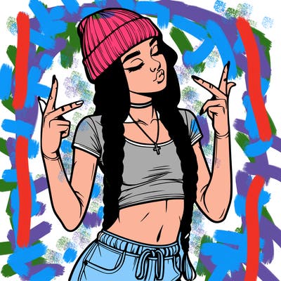 realistic teenage girl with braids and a beanie and crop top doing 🫶🏼
