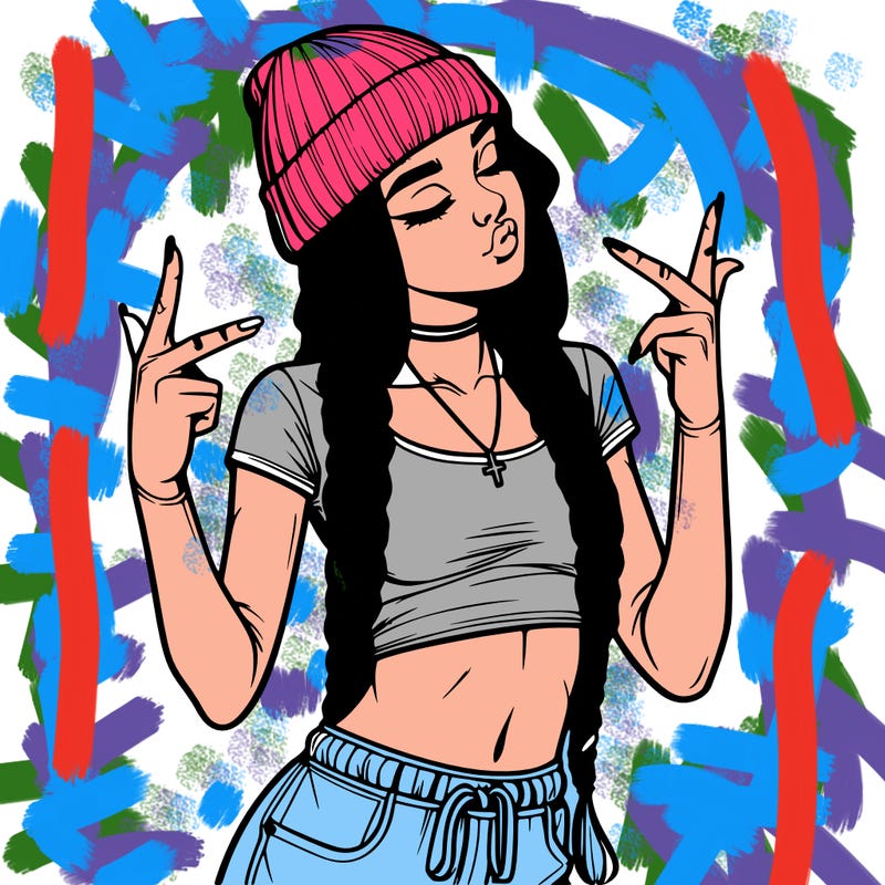 realistic teenage girl with braids and a beanie and crop top doing 🫶🏼