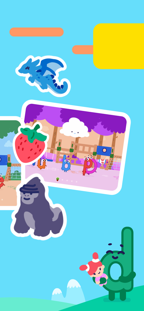 Educational app interface showing cartoon letter characters and collectible animal stickers for toddlers.