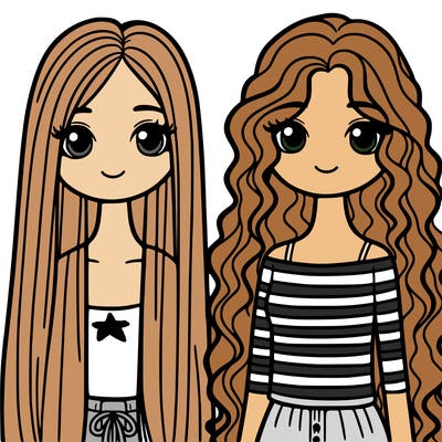 two girls with long straight hair and one with curls